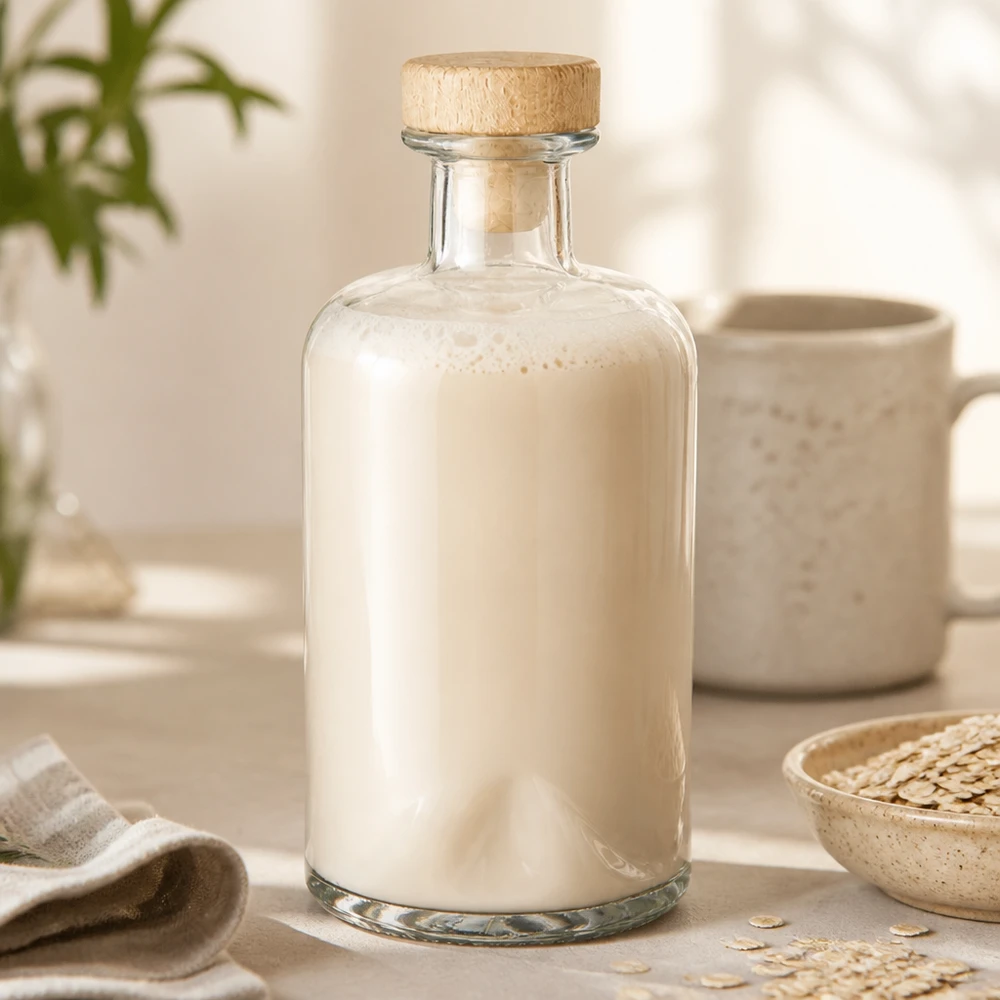 Flacon à pharmacie 500 ml « Sofia » avec bouchon en bois UNiTWIST® 500ml Glasflasche Sofia mit Milch befüllt in natürlicher Küchenszene mit Haferflocken und cremefarbener Keramik