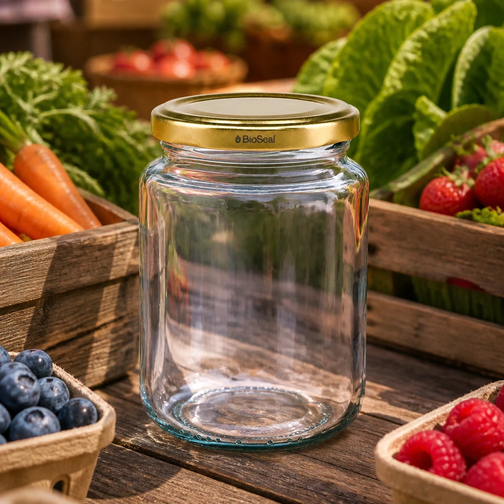 382ml Verre rond avec couvercle BioSeal or UNiTWIST UNiTWIST Runda382 Pot de conservation sur table en bois avec fruits et légumes frais, couvercle TO66 BioSeal doré, cuisine de campagne