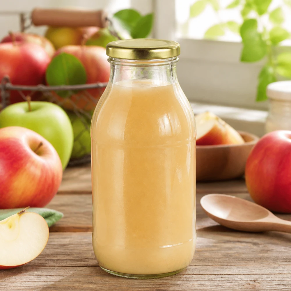 Bouteille en verre UNiTWIST de 250 ml contenant du jus de pomme frais, munie d'un bouchon à vis doré BasicSeal