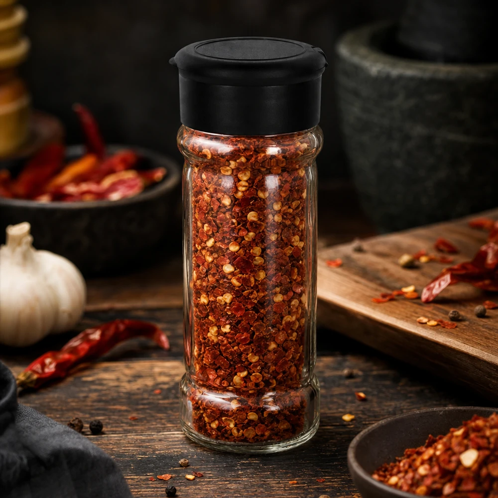 Pot à épices de 100 ml rempli de flocons de piment, muni d'un couvercle saupoudreur noir, posé sur un socle en bois
