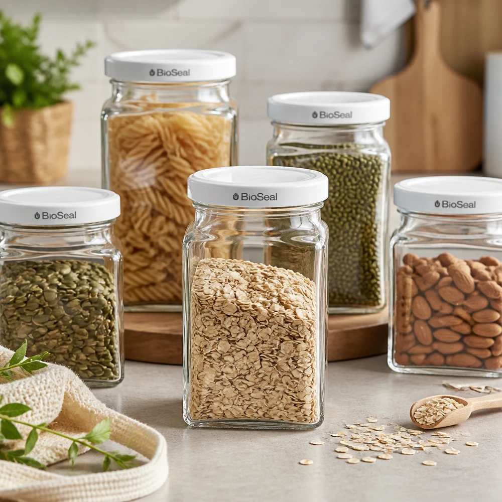 260ml Tetraglas avec couvercle BioSeal blanc UNiTWIST UNiTWIST Tetra260 Ensemble de bocaux de stockage avec flocons d'avoine haricots mungo nouilles amandes blanc TO58 BioSeal couvercle Pantry Organisati