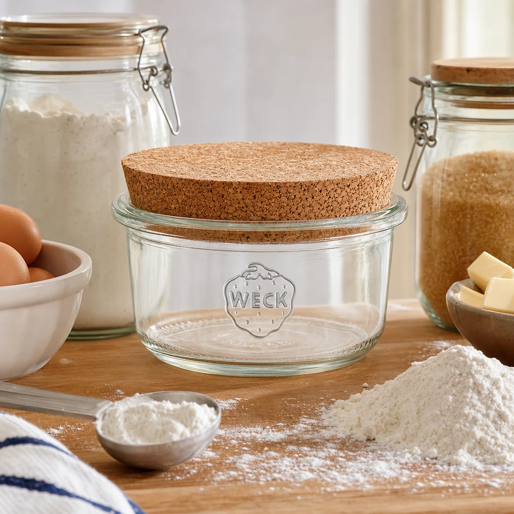 WECK Bocal à provisions 165ml RR80 Couvercle en liège Cuisine Ingrédients de cuisson Farine Œufs Beurre Conservation naturelle Scène de cuisine