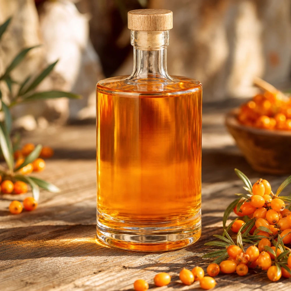 Bouteille en verre Marie de 500ml remplie de liqueur d'argousier - bouchon en bois UNiTWIST - image décorative avec baies d'argousier