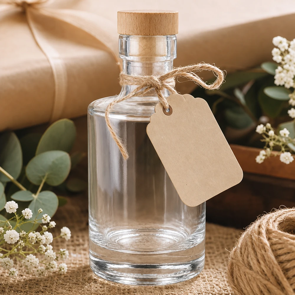 Bouteille en verre 200 ml « Marie » avec bouchon en bois UNiTWIST® Bouteille en verre 200ml Marie vide avec bouchon en bois, pendentif en papier kraft, emballage cadeau avec eucalyptus et gypsophile