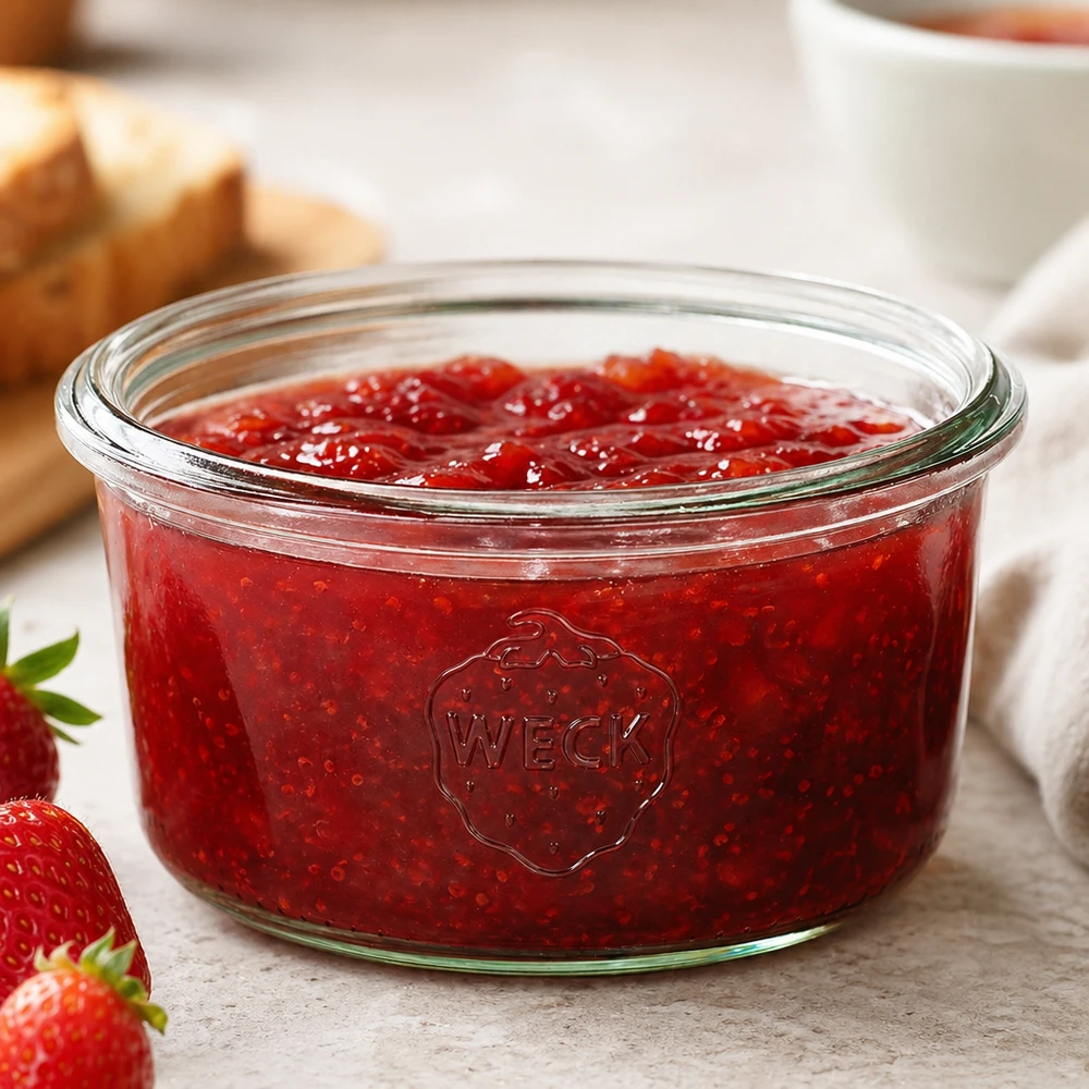 Bocal WECK RR80 de 165 ml 165ml WECK Pot renversé RR80 rempli de confiture de fraises rouges sur une table en bois blanc à côté de fraises fraîches et de pain