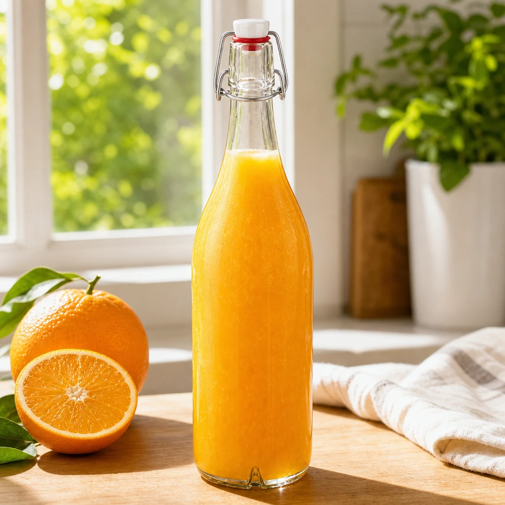 Bouteille en verre de 1000 ml + bouchon mécanique en PVC UNiTWIST Bouteille en verre de 1000ml avec bouchon à étrier PVC remplie de jus d'orange frais à côté d'une orange sur un rebord de fenêtre en bois