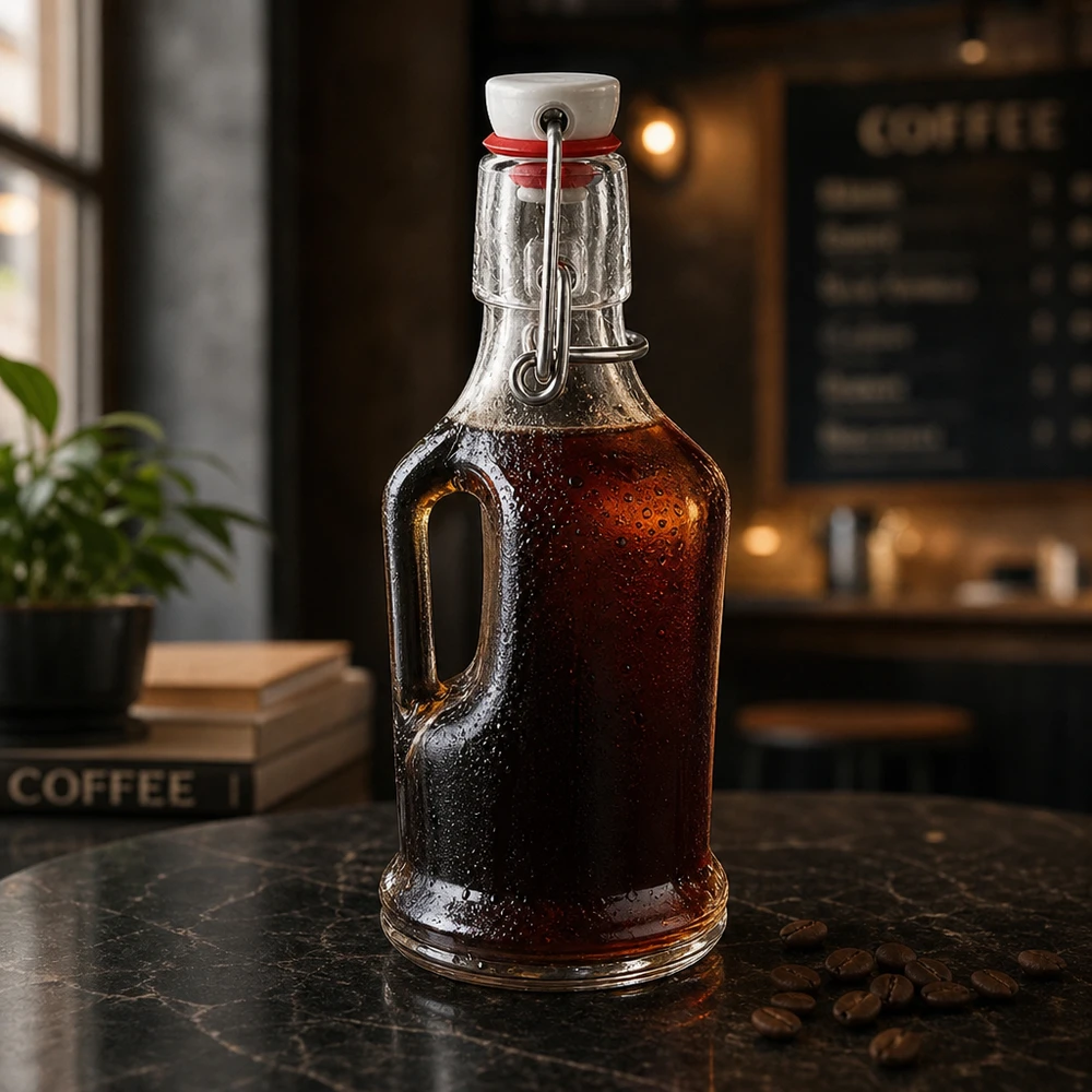 Bouteille en verre 200 ml « Bertha » et bouchon à étrier en PVC UNiTWIST® 200ml Glasflasche Bertha mit dunklem Kaffee-Sirup befüllt, Bügelverschluss UNiTWIST, Coffeeshop-Atmosphäre