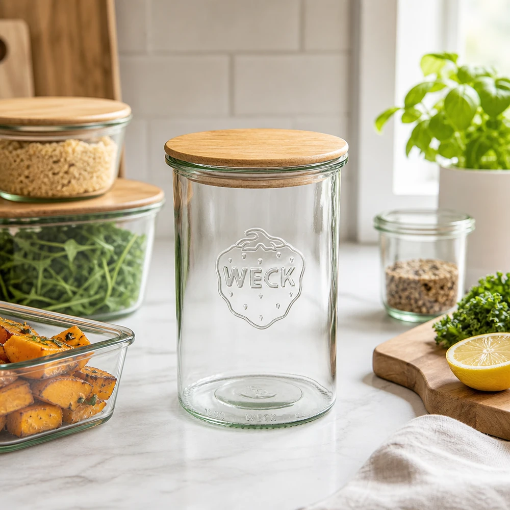 WECK Bocal 1000ml RR100 vide avec couvercle en bois dans une scène de cuisine moderne avec légumes et autres bocaux à provisions