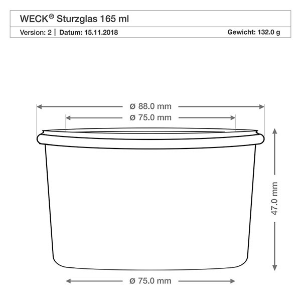 Bocal WECK RR80 de 165 ml Dessin technique 165ml WECK verre renversé RR80 avec dimensions 88mm diamètre 47mm hauteur 132g poids