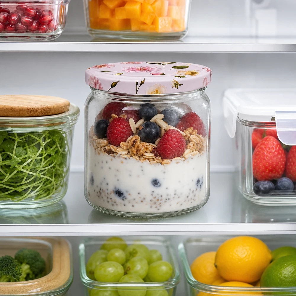 408ml verre rond rose couvercle à fleurs BasicSeal avec Overnight Oats baies dans le réfrigérateur Meal Prep verre de conservation