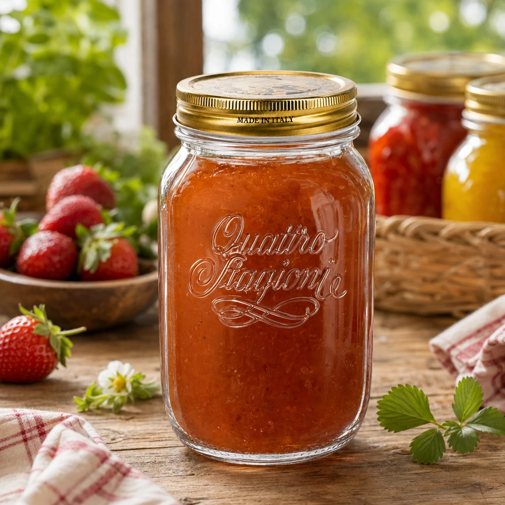 Bocal Quattro Stagioni de 1 litre rempli de confiture, avec couvercle doré, fruits et fleurs
