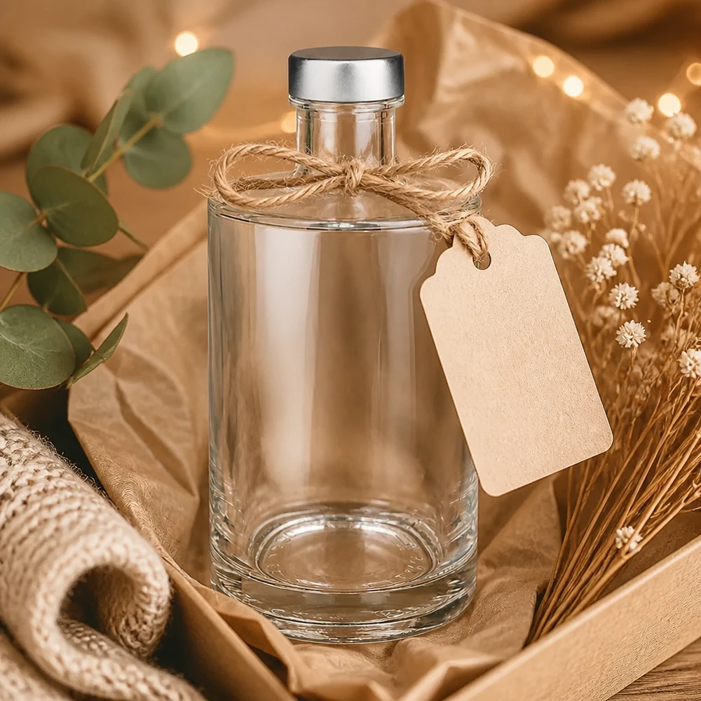 Bouteille en verre 375 ml « Sam » et bouchon à vis argenté UNiTWIST® 375ml Glasflasche Sam dekorativ inszeniert mit Bastschleife und Geschenkanhänger in gemütlichem Wohnambiente