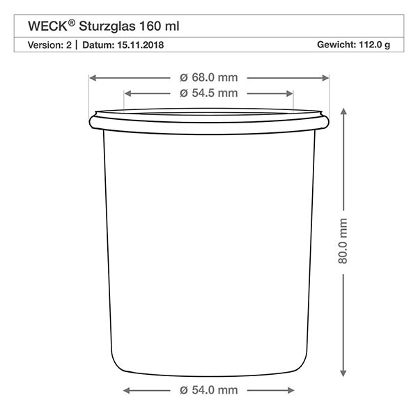 160ml bocal conique WECK RR60 avec bouchon nature WECK Verre renversé 160ml RR60 dessin technique avec dimensions diamètre 68mm hauteur 80mm poids 112g