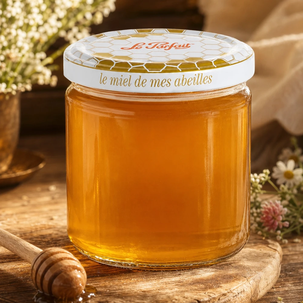Le Parfait Honey Pot de réserve 212ml rempli de miel doré sur planche en bois avec cuillère à miel et fleurs