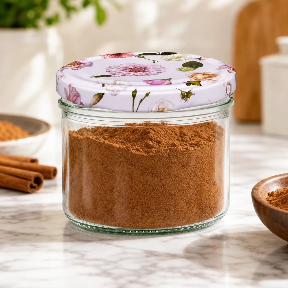 Pot cylindrique de 230 ml + couvercle BasicSeal rose fleur Bocal à provisions 230ml avec couvercle rose fleuri rempli de cannelle - Conservation d'épices dans la cuisine avec des bâtons de cannelle