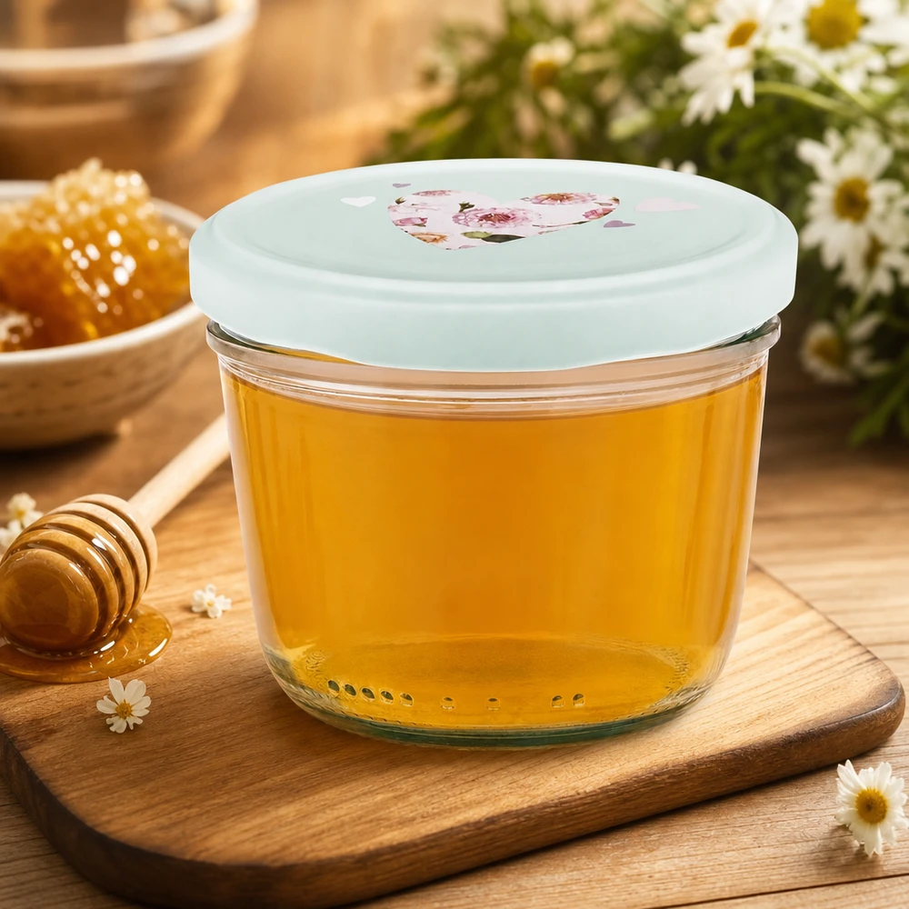 Miel en pot renversé de 230ml avec couvercle BasicSeal coeur menthe, pot de miel sur planche en bois avec cuillère à miel et fleurs
