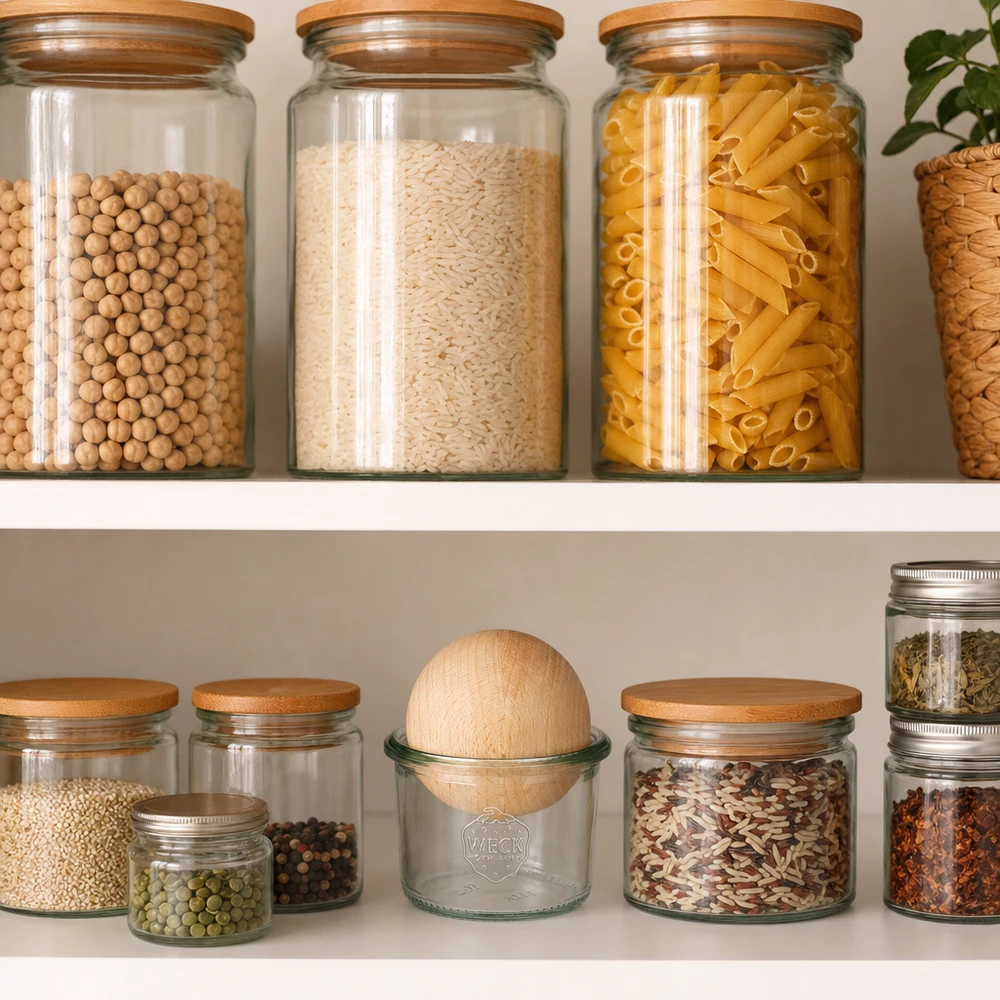 80ml bocal conique WECK RR60 avec boule en bois en hêtre WECK Pot renversé 80ml RR60 avec boule en bois dans un garde-manger organisé entre les pâtes, le riz et les épices
