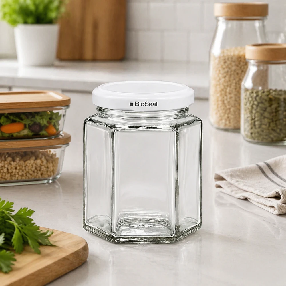 196ml Verre hexagonal avec couvercle BioSeal blanc UNiTWIST