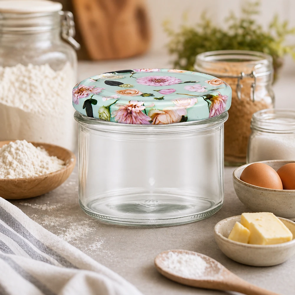 225ml verre renversé avec couvercle à fleurs menthe entre les ingrédients de cuisson, la farine et les œufs dans une cuisine claire verre UNiTWIST