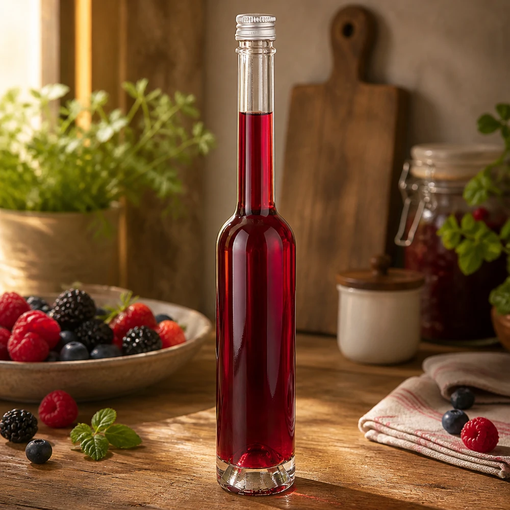 Bouteille en verre 100 ml « Toni » sans bouchon à vis UNiTWIST® Bouteille en verre Toni de 100 ml avec bouchon à vis argenté - idéale pour les liqueurs de baies rouges et les extraits de fruits