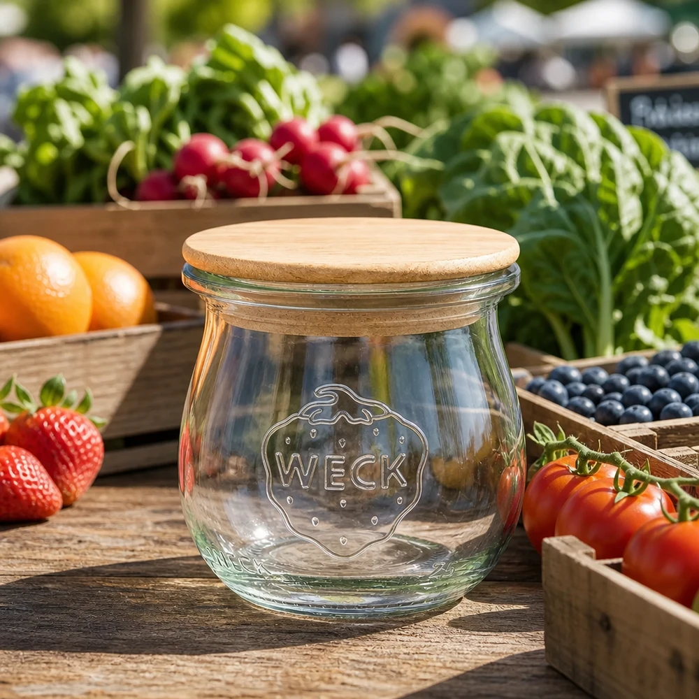 WECK Tulpenglas 75ml mit Holzdeckel zwischen frischen Marktgemüse und Obst stilvolle Küchendeko Vorratsglas