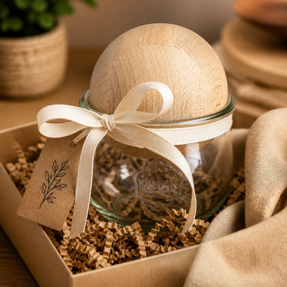 580ml bocal tulipe WECK RR100 avec boule en bois en hêtre 580ml bocal tulipe WECK RR100 avec boule en bois en hêtre