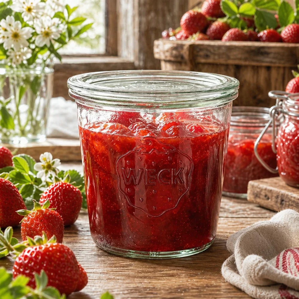 Bocal en verre de 580 ml avec couvercle en verre WECK RR100 WECK Pot de conservation 580ml rempli de confiture de fraises dans une cuisine rustique avec des fraises fraîches et des fleurs