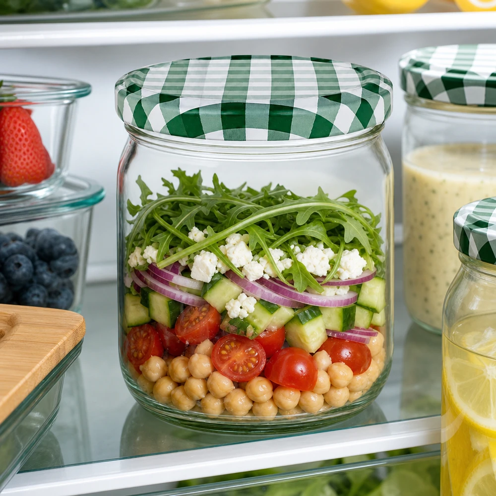 425ml Verre rond avec couvercle BasicSeal vert/blanc UNiTWIST 425ml Verre rond BasicSeal à carreaux verts et blancs avec salade stratifiée de pois chiches, tomates et concombres au réfrigérateur