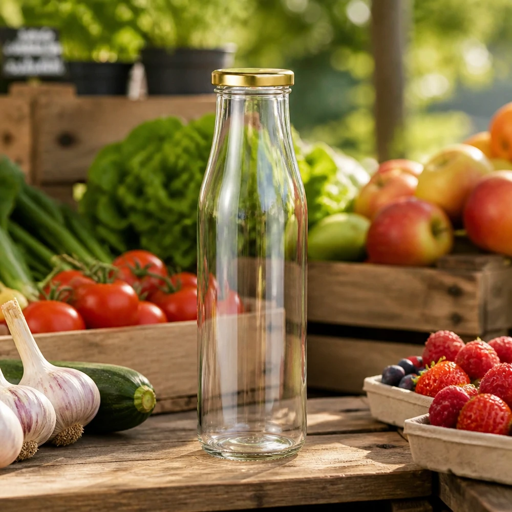 500ml Bouteille avec couvercle BasicSeal or UNiTWIST Bouteille en verre 500ml vide BasicSeal couvercle doré entre fruits frais légumes sur table en bois stand de marché Ambiente