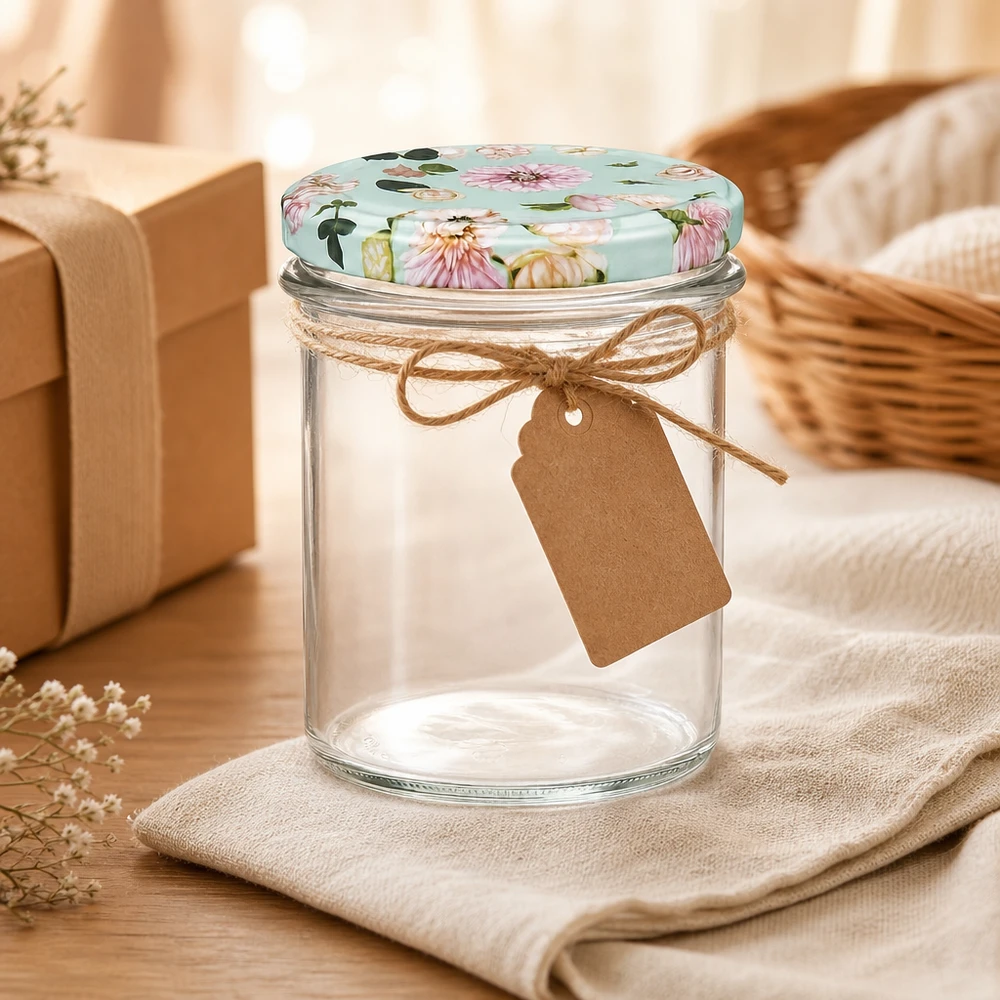 Verre renversé 350ml avec couvercle BasicSeal menthe à motif floral, décoré d'un ruban de jute et d'une étiquette cadeau
