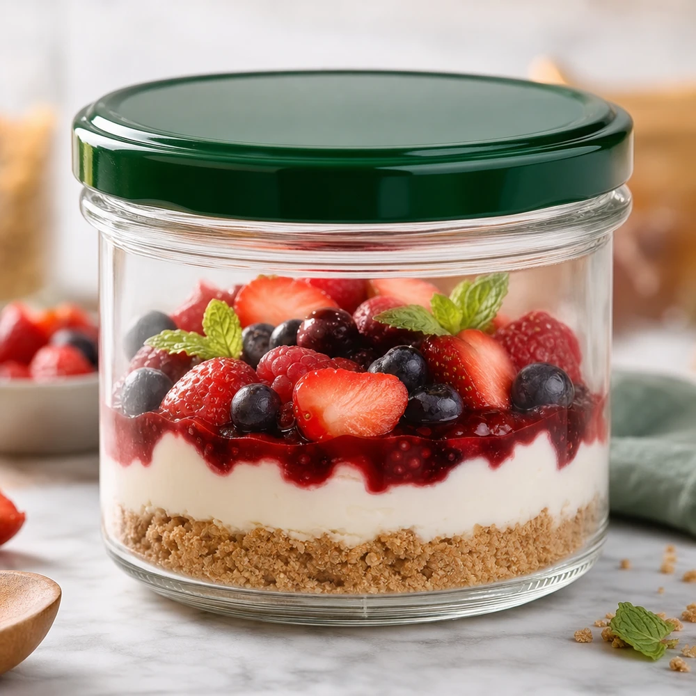 225ml Verre renversé couvercle vert BasicSeal rempli de fruits rouges Mascarpone parfait pour les desserts