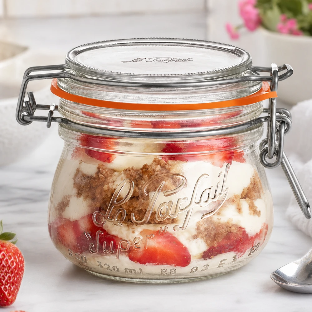 250ml Le Parfait Super pot à provisions avec fermeture à étrier rempli de fraises et de dessert sur une surface blanche