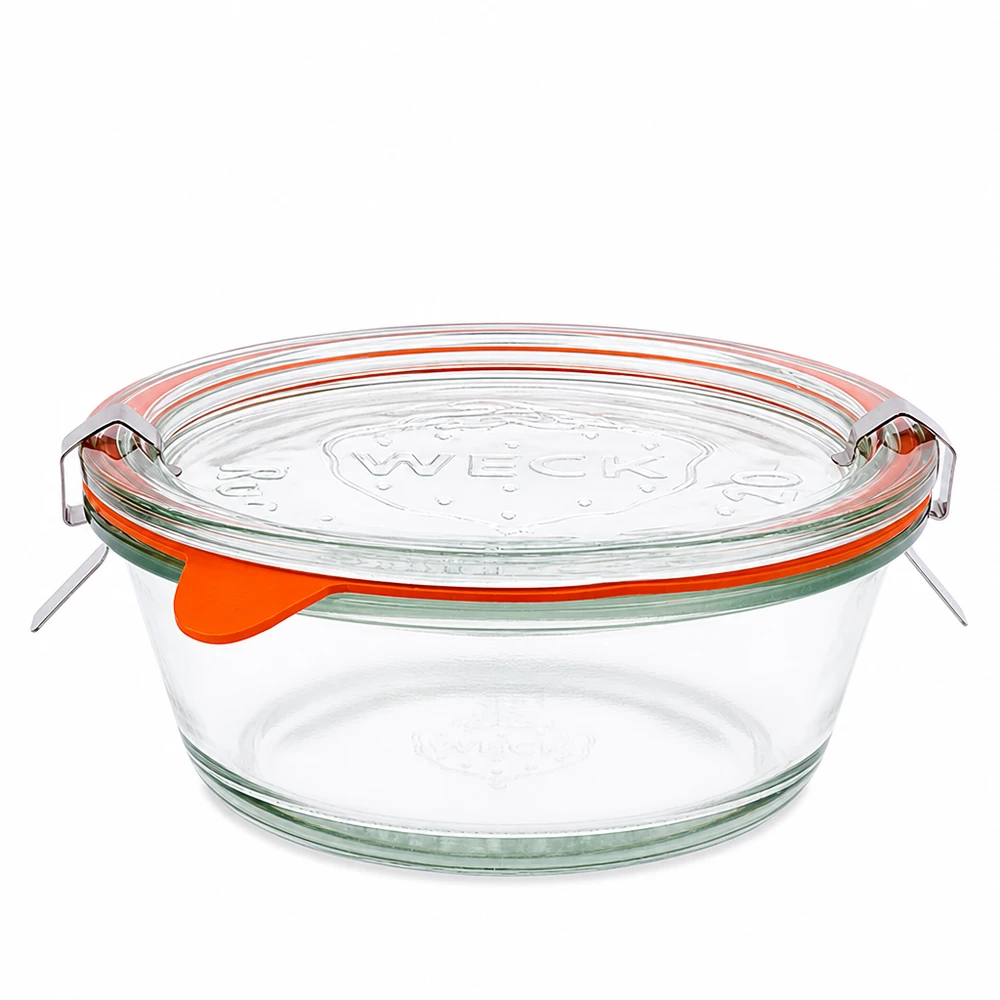 300ml bocal gourmet complet WECK RR120 WECK Pot Gourmet 300ml RR120 avec couvercle en verre et anneau en caoutchouc orange, pot à conserves rond en verre transparent