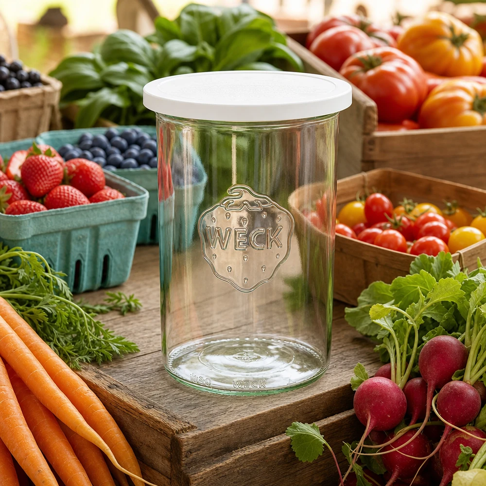 1000ml bocal conique avec couvercle fraîcheur WECK RR100 WECK Pot de 1000ml RR100 avec couvercle fraîcheur entre légumes frais du marché carottes radis et baies
