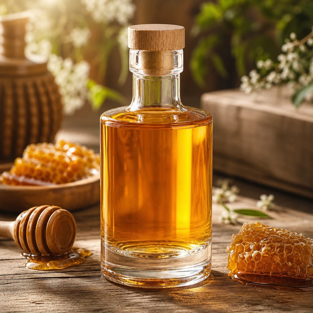 Bouteille en verre 200 ml « Marie » avec bouchon en bois UNiTWIST® 200ml Glasflasche Marie mit Honig befüllt, Holzkorken, authentisch mit Honigwaben und Honiglöffel inszeniert