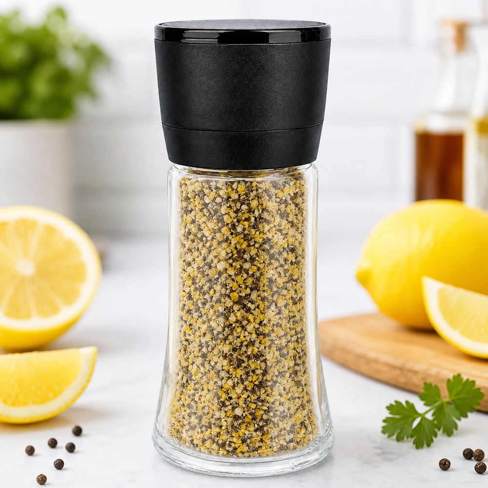 Mélange d'épices « poivre au citron » dans un moulin en verre de 95 ml équipé d'un mécanisme de broyage Vario noir sur socle en marbre