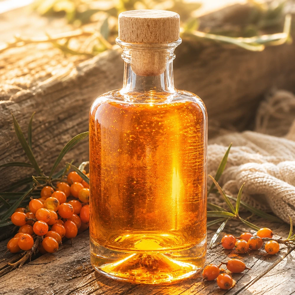 Flacon à pharmacie « Sofia » 100 ml avec bouchon en bois UNiTWIST® Bouteille en verre Sofia de 100 ml avec bouchon en bois remplie d'huile d'argousier à côté de baies d'argousier orange Décoration naturelle