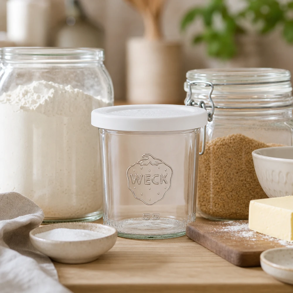 Bocal en verre de 140 ml avec couvercle hermétique WECK RR60 WECK Verre renversé 140ml RR60 dans un environnement de cuisine naturel avec des ingrédients de cuisson et une planche en bois comme photo de style de vie