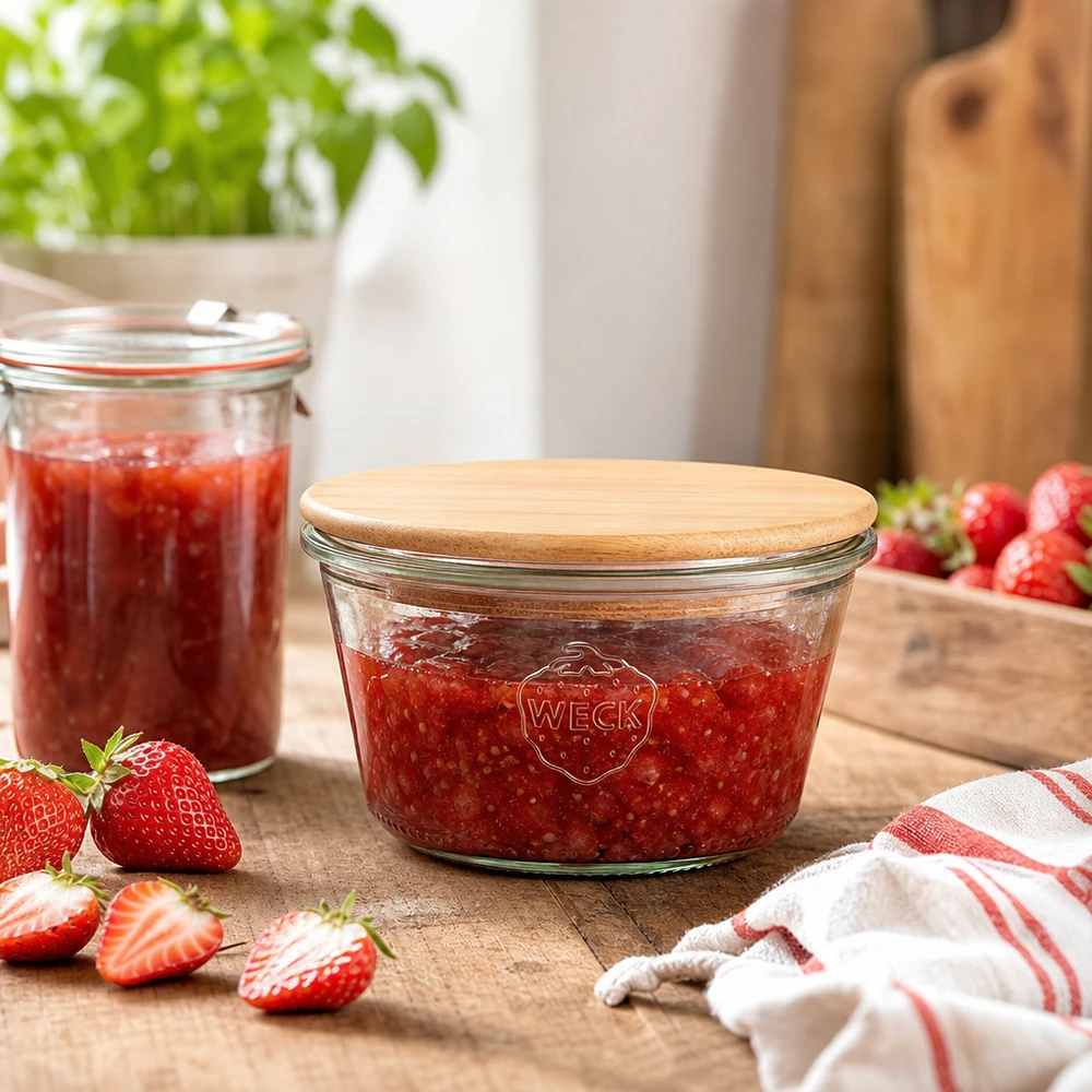 290ml bocal conique faible WECK RR80 avec couvercle en bois WECK Pot de conservation 290ml RR100 rempli de confiture de fraises, couvercle en bois de bambou, scène de cuisine avec des fraises fraîches
