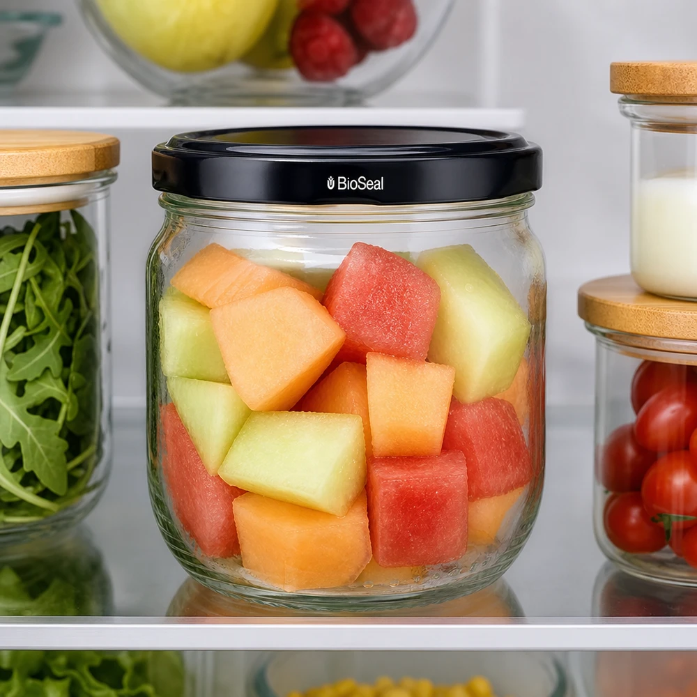 425ml pot rond avec couvercle BioSeal rempli de morceaux de melon frais dans le réfrigérateur montre une utilisation pratique