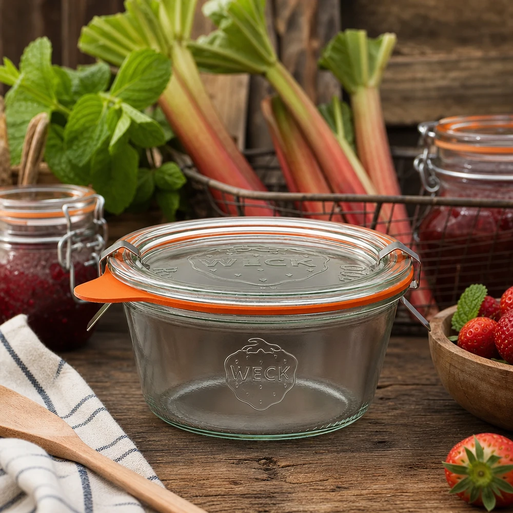 290ml bocal conique faible complet WECK RR80 WECK Pot de conservation 290ml RR100 dans une cuisine rustique avec rhubarbe fraîche et fraises à mettre en conserve