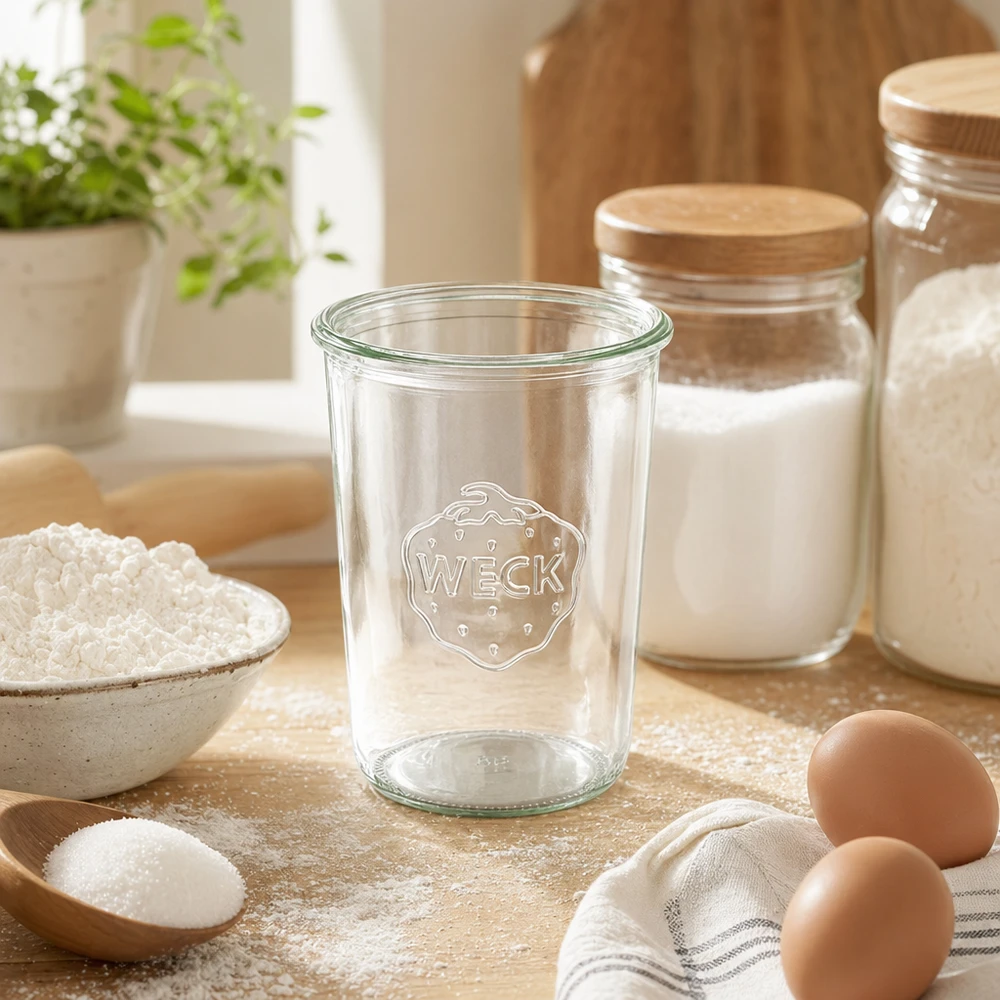 850ml bocal conique WECK RR100 850ml WECK Pot renversé RR100 Pot de conservation transparent avec logo sur table en bois à côté des œufs de farine et des bocaux à provisions