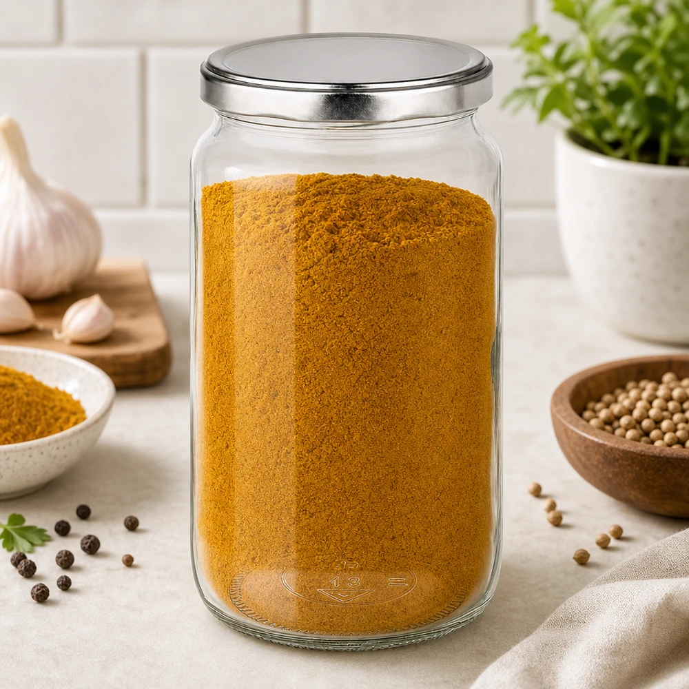 795ml Verre rond avec couvercle BasicSeal argent UNiTWIST Bocal rond de 795ml avec couvercle BasicSeal rempli d'épices en poudre dans la cuisine à côté de la coriandre et de l'ail