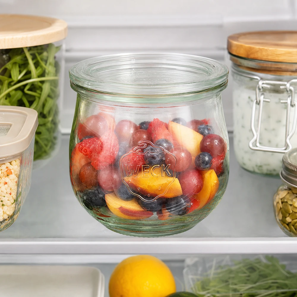 370ml bocal tulipe avec bouchon en verre WECK RR80 WECK Pot tulipe 370ml RR80 avec salade de fruits frais dans le réfrigérateur pour une conservation pratique des aliments