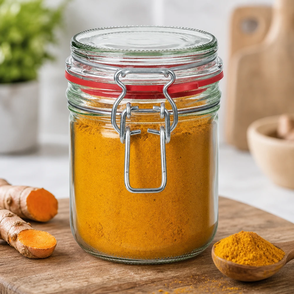 Épices de curcuma dans un bocal de 400 ml avec fermeture à étrier, parfait pour les épices de cuisine et la poudre.