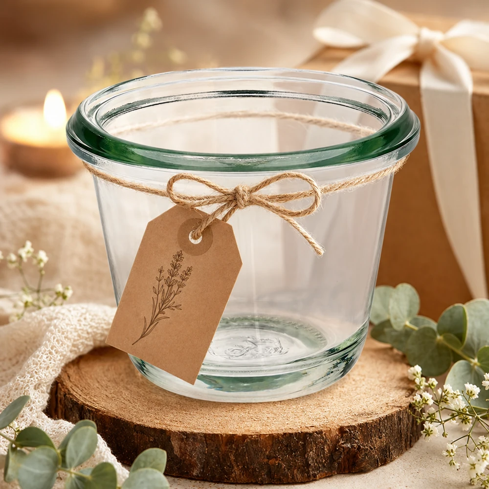 80ml bocal gourmet WECK RR60 Pot gourmet WECK RR60 de 80 ml décoré avec un pendentif en papier kraft sur un disque en bois dans une décoration cadeau festive