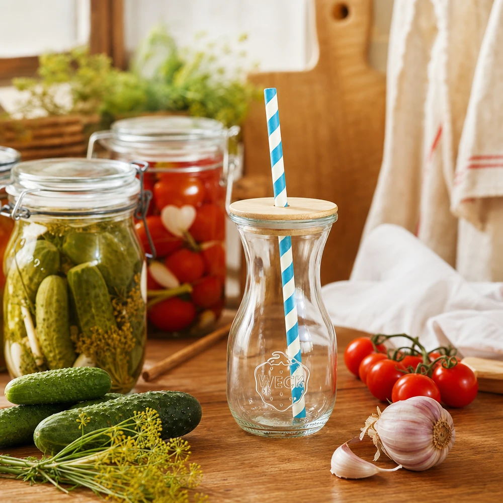 WECK Bouteille de jus 290ml Scène de cuisine avec concombres marinés tomates légumes frais Couvercle en bois Paille écologique