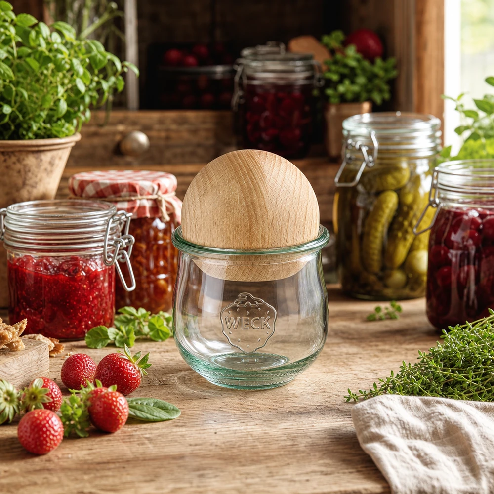 370ml bocal tulipe WECK RR80 avec boule en bois en hêtre WECK Pot de conserve RR80 avec couvercle en bois dans une cuisine rustique entre des pots de confiture et des fraises fraîches