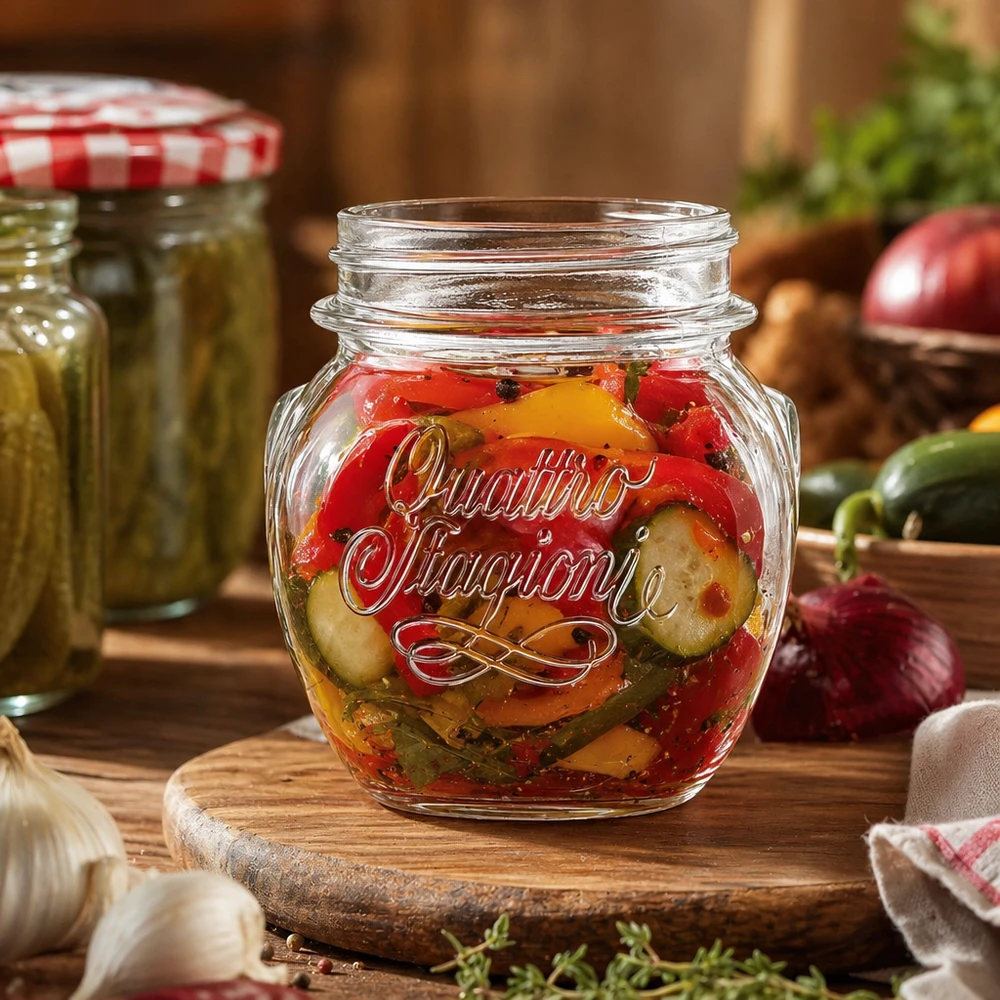 300ml Verre rond "Quattro Stagioni" QS70mm 300ml Quattro Stagioni Pot de conservation avec légumes marinés sur planche en bois dans une cuisine rustique