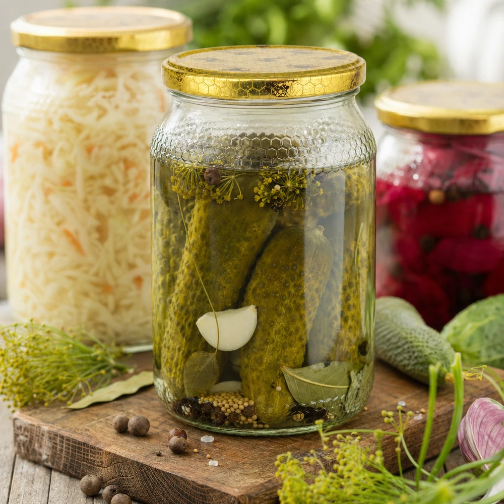 Pot à miel 1260 g avec couvercle motif rayon de miel BasicSeal UNiTWIST Pot à miel de 900ml avec couvercle BasicSeal utilisé pour la mise en conserve des cornichons, de la choucroute et des aliments fermentés.